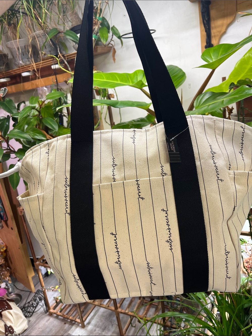 Victoria Secret Neutral Striped Canvas Tote with Black Webbed Straps